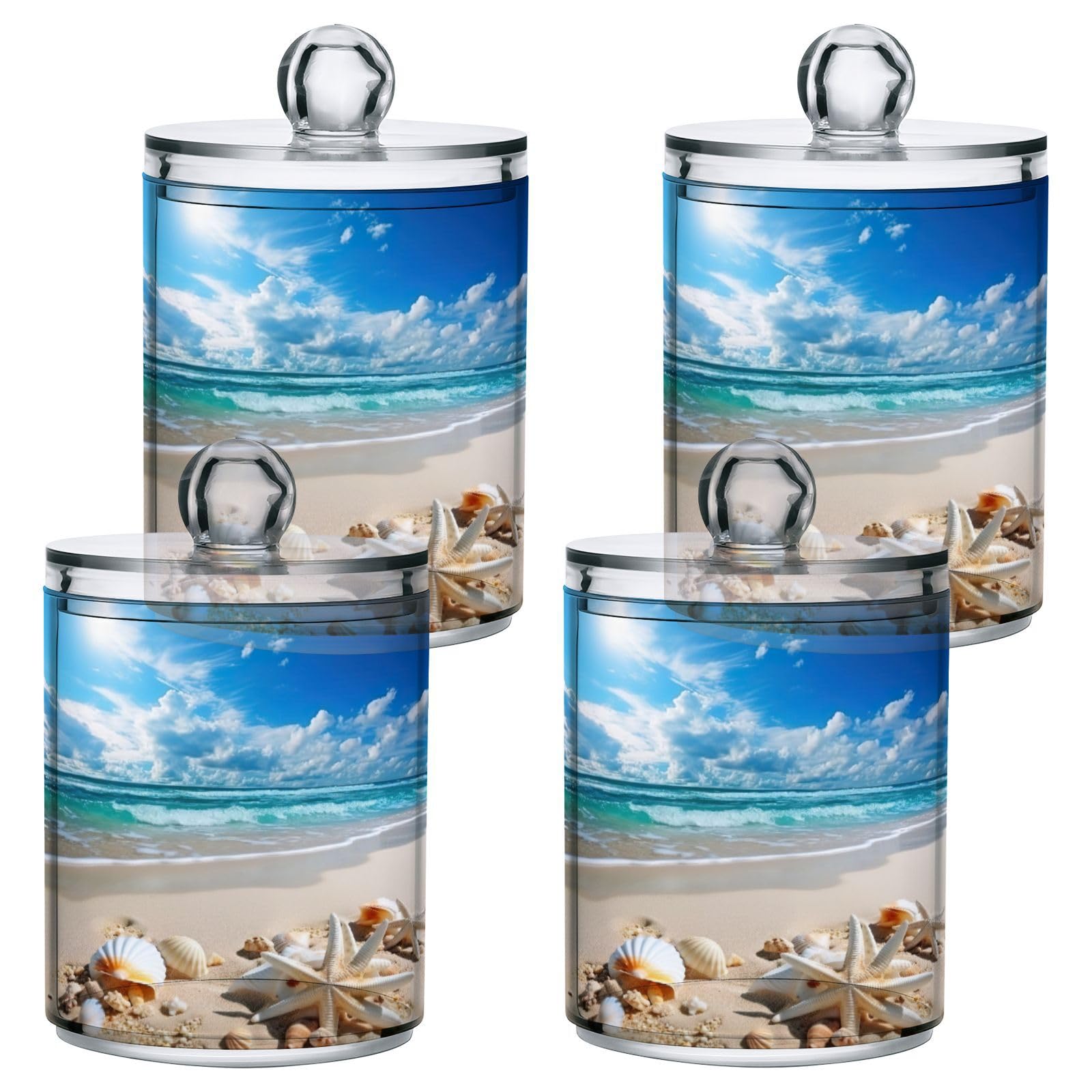 GOODOLD Beautiful Beach Scene Qtip Holder 2 Pack - 10 Oz Clear Plastic Apothecary Jar Set for Bathroom Organization - Versatile Canister Storage for Cotton Balls, Swabs, Rounds