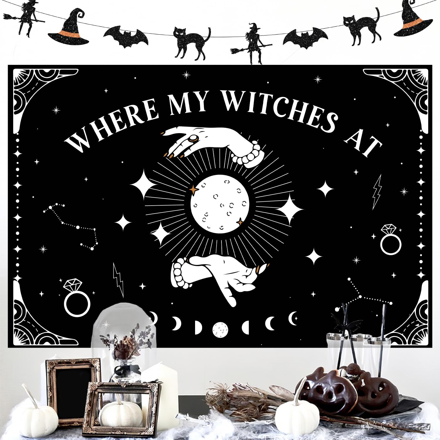 Halloween Where My Witches at Bachelorette Party Decorations Black White Witche Backdrop Banner Garland Bride to Be Sash for Halloween Bachelorette Party Decor Supplies