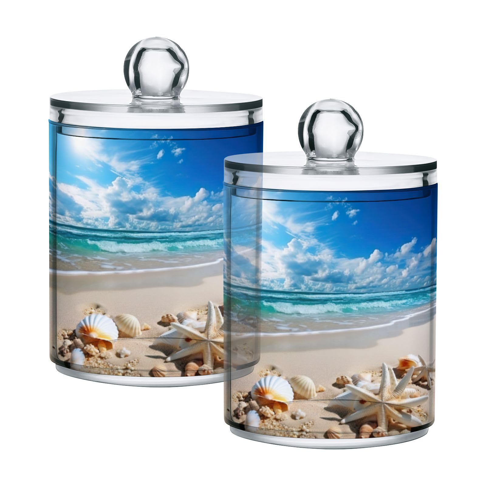 GOODOLD Beautiful Beach Scene Qtip Holder 2 Pack - 10 Oz Clear Plastic Apothecary Jar Set for Bathroom Organization - Versatile Canister Storage for Cotton Balls, Swabs, Rounds