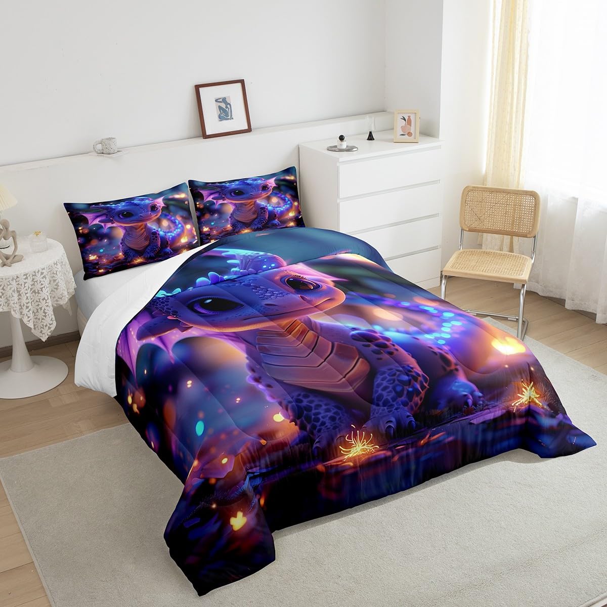 Castle Fairy Cute Dragon Bedding Set Twin Size Mysterious Jungle Comforter for Child Toddler Teens Kawaii Western Dragon Animal Down Comforter Glitter Plant Duvet Insert with 1 Pillowcase