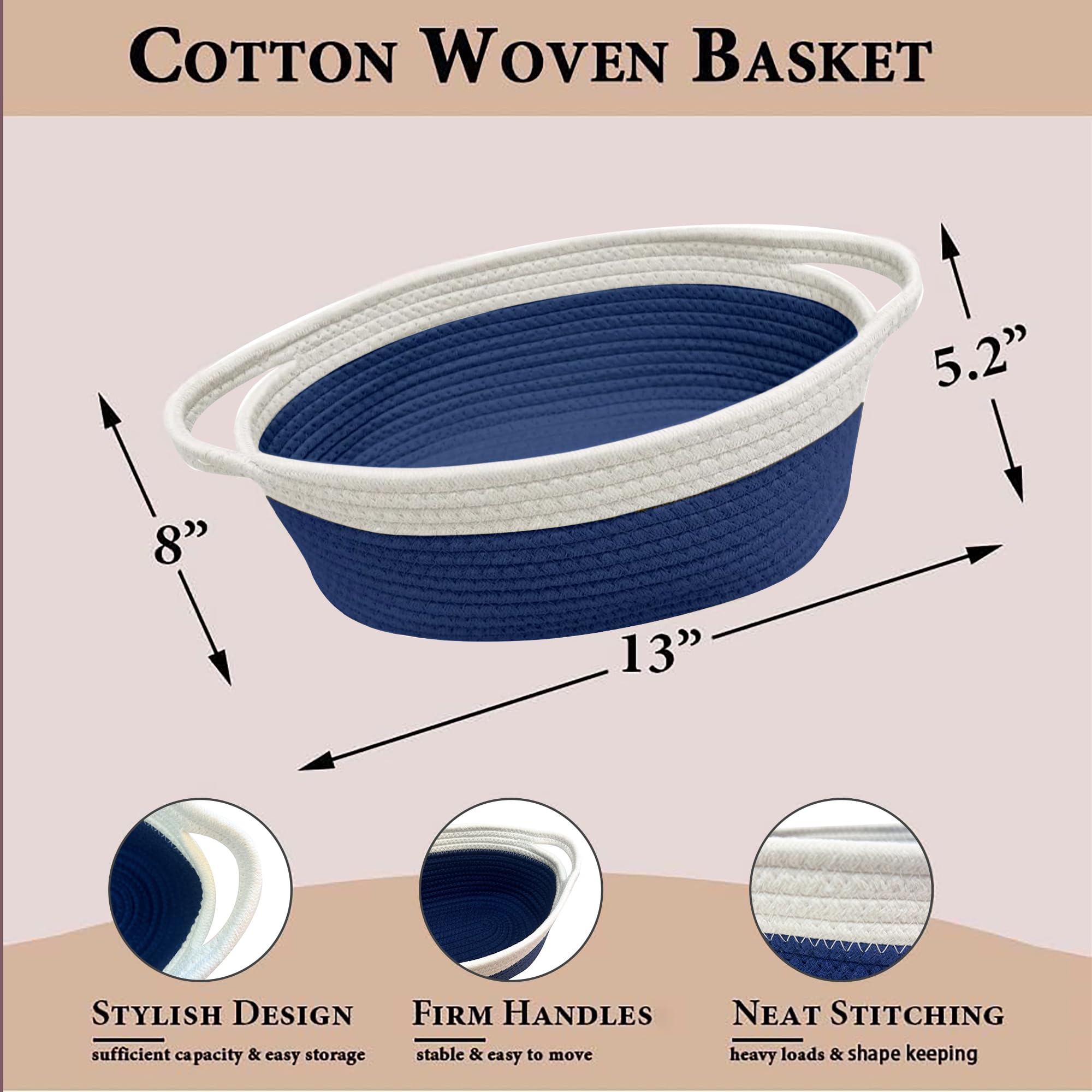 GiftExpress Blue & White Woven Basket - 13" x 8" x 5" Cotton Rope Organizing Baskets for Baby Items or Cat & Dog Toys - Cute Soft Gift Storage Bin w/ Handles