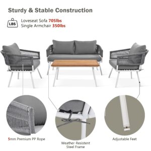 RuiSiSi 4 Piece Boho Rope Patio Furniture Set, Outdoor Furniture with Acacia Wood Table, Patio Conversation Set with Deep Seating and Thick Cushion for Backyard, Porch, Balcony, Grey