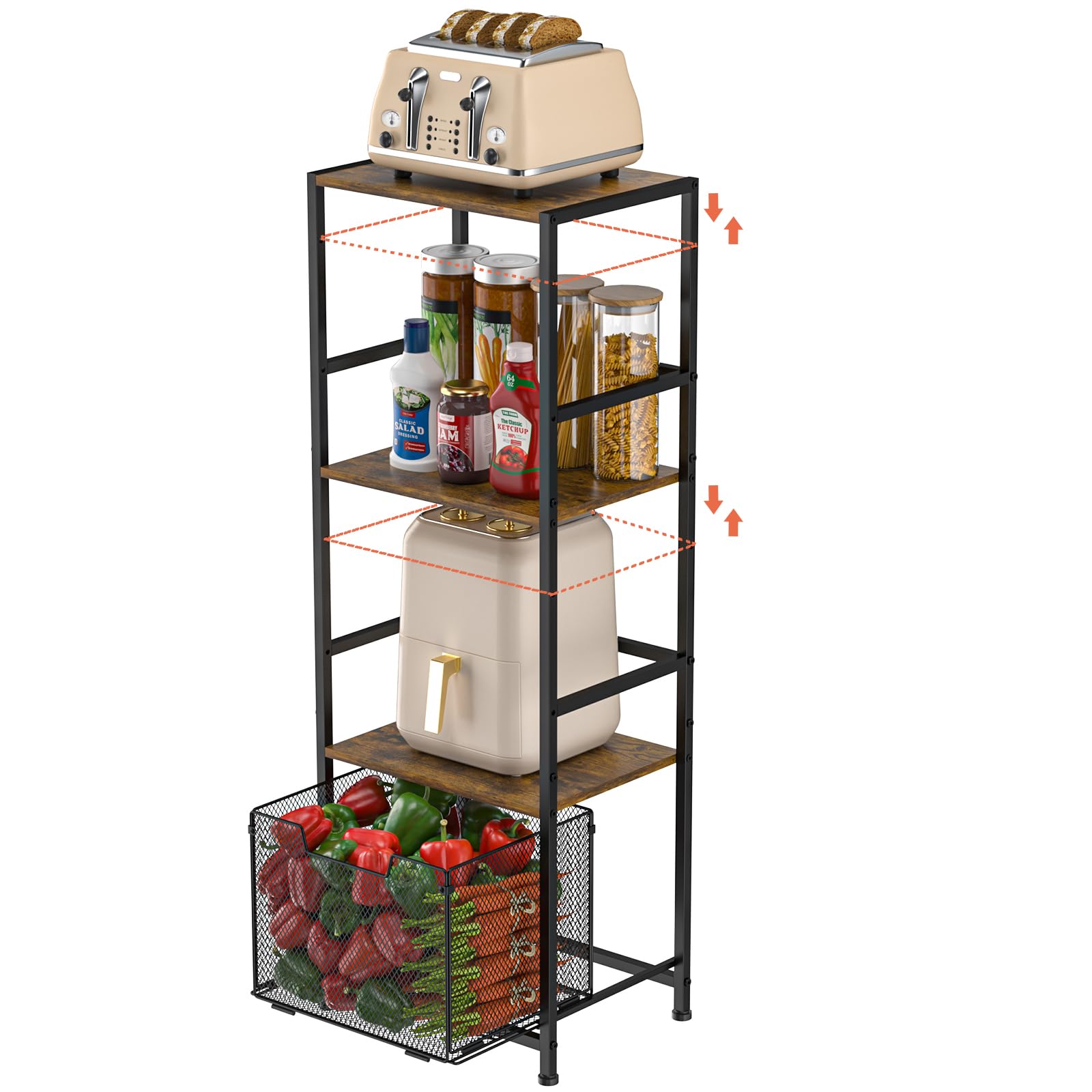 4-Tier Adjustable Kitchen Storage Rack - Kitchen Shelf Organizer Freestanding, Kitchen Storage Shelves with Wire Drawer, Metal Shelving Unit with Wood Board, Versatile Narrow Shelf for Small Space