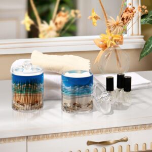 GOODOLD Beautiful Beach Scene Qtip Holder 2 Pack - 10 Oz Clear Plastic Apothecary Jar Set for Bathroom Organization - Versatile Canister Storage for Cotton Balls, Swabs, Rounds