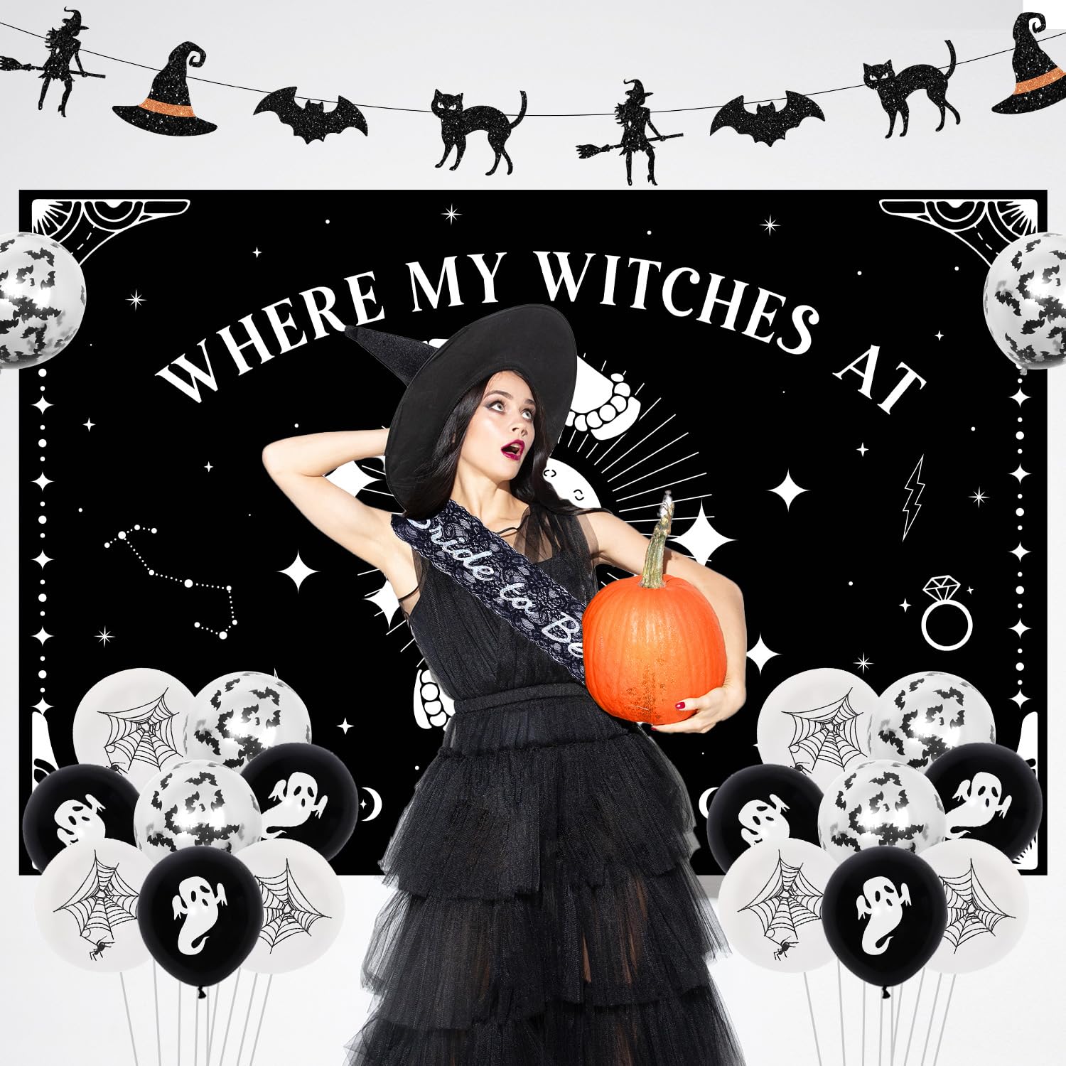 Halloween Where My Witches at Bachelorette Party Decorations Black White Witche Backdrop Banner Garland Bride to Be Sash for Halloween Bachelorette Party Decor Supplies