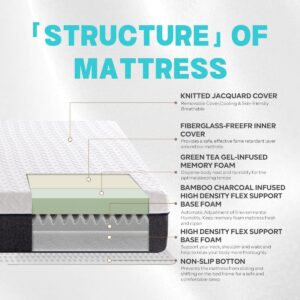 TRIPARK Queen Size Mattress 12 Inch for Adults, Green Tea Cooling Gel Memory Foam Mattress for Supportive & Pressure Relief, Bamboo Charcoal Twin Bed in a Box