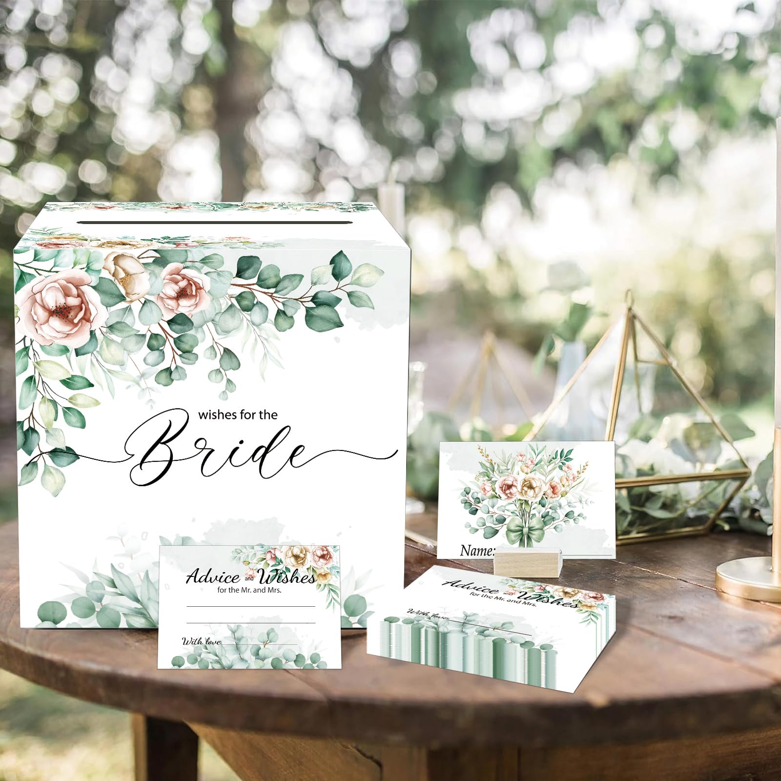 51 Pcs Bridal Shower Game Card Box, Wedding Raffle Card Box, Wedding Shower Advice and Wishes Cards and Box Set, Greenery Card Holder Box for Wedding Decorations Bridal Shower Activity Wedding Games