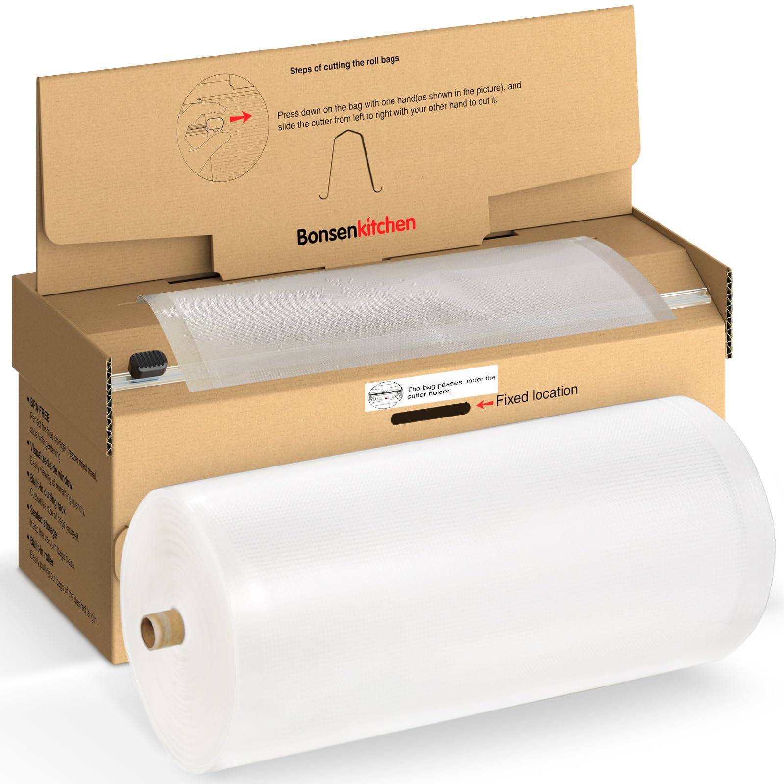 Bonsenkitchen 11” x 150’ Food Vacuum Seal Roll Keeper with Cutter, Vacuum Sealer Bags Rolls for Food Storage, Commercial Grade, BPA Free, Great for Meal Prep and Sous Vide Cooking