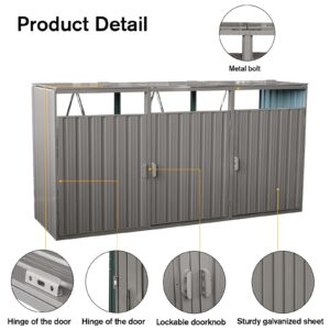 YOPTO Garbage Bin Storage Shed for 3 Trash Cans,Outdoor Trash Can Storage for Patio,Stainless Galvanized Steel Bin Shed,Rust-Proof & Scratch-Resistant Trash Can Hider,for Garden,Yard,Lawn,Grey