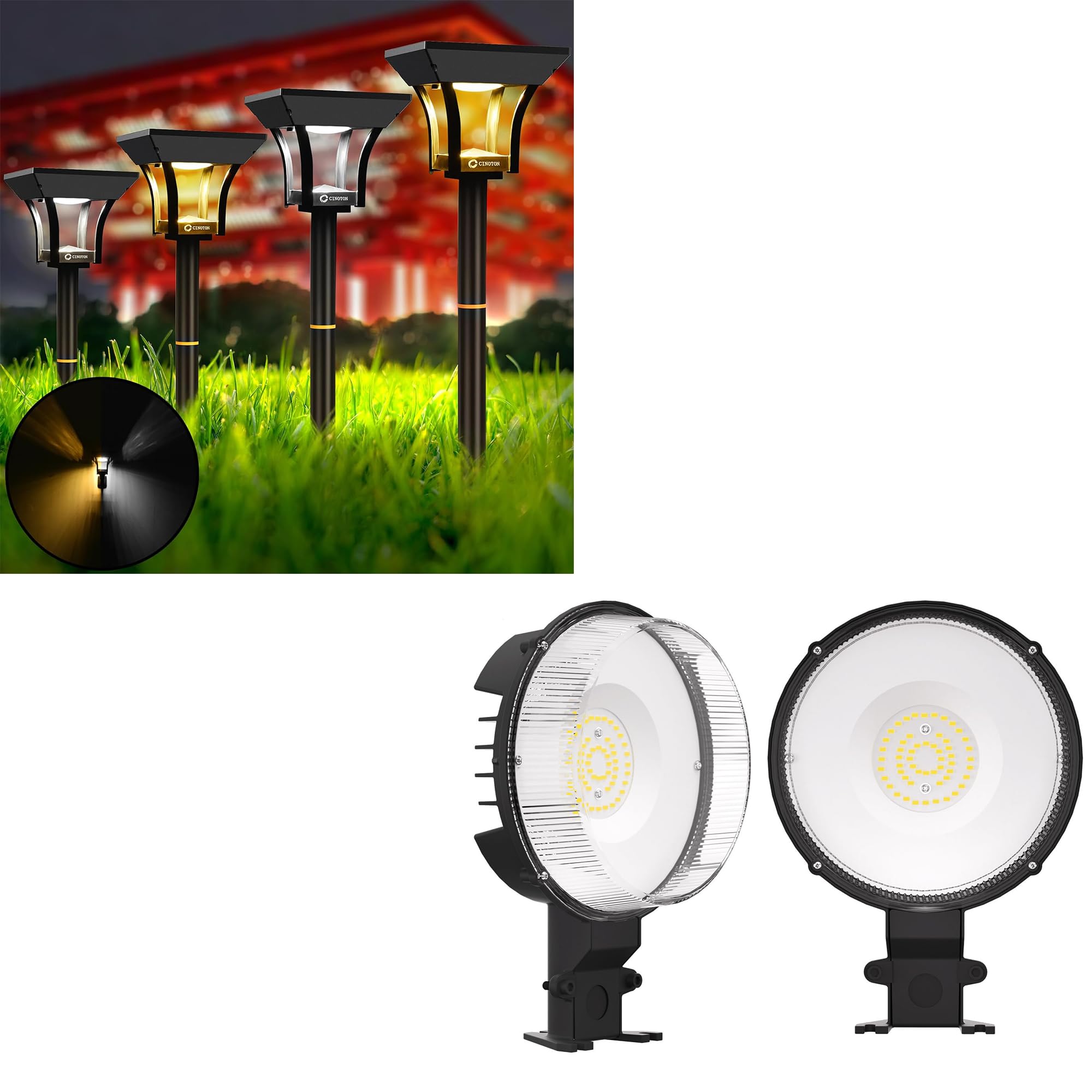 CINOTON 42W LED Barn Light Dusk to Dawn Outdoor Lighting, Black 2 Pack & Outdoor Solar Landscape Pathway Lights 4 Pack