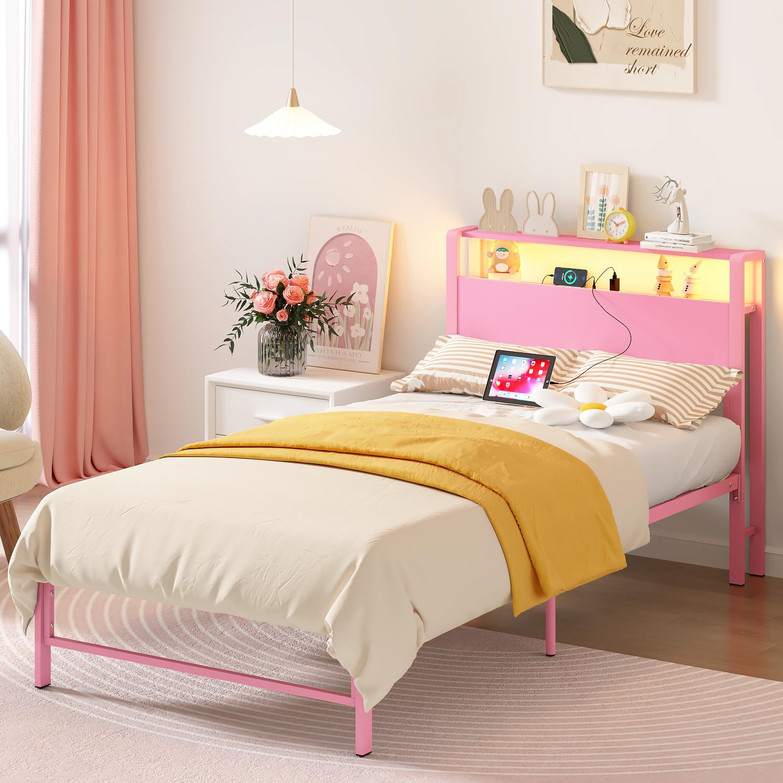 Weehom Twin Bed Frames with 2 Tiers Wood Storage Shelves Headboard, Twin Size Bed with Charger Stations and LED Light Under Bed Storage Space Platform Bed for Kids, Girls and Adults, Pink