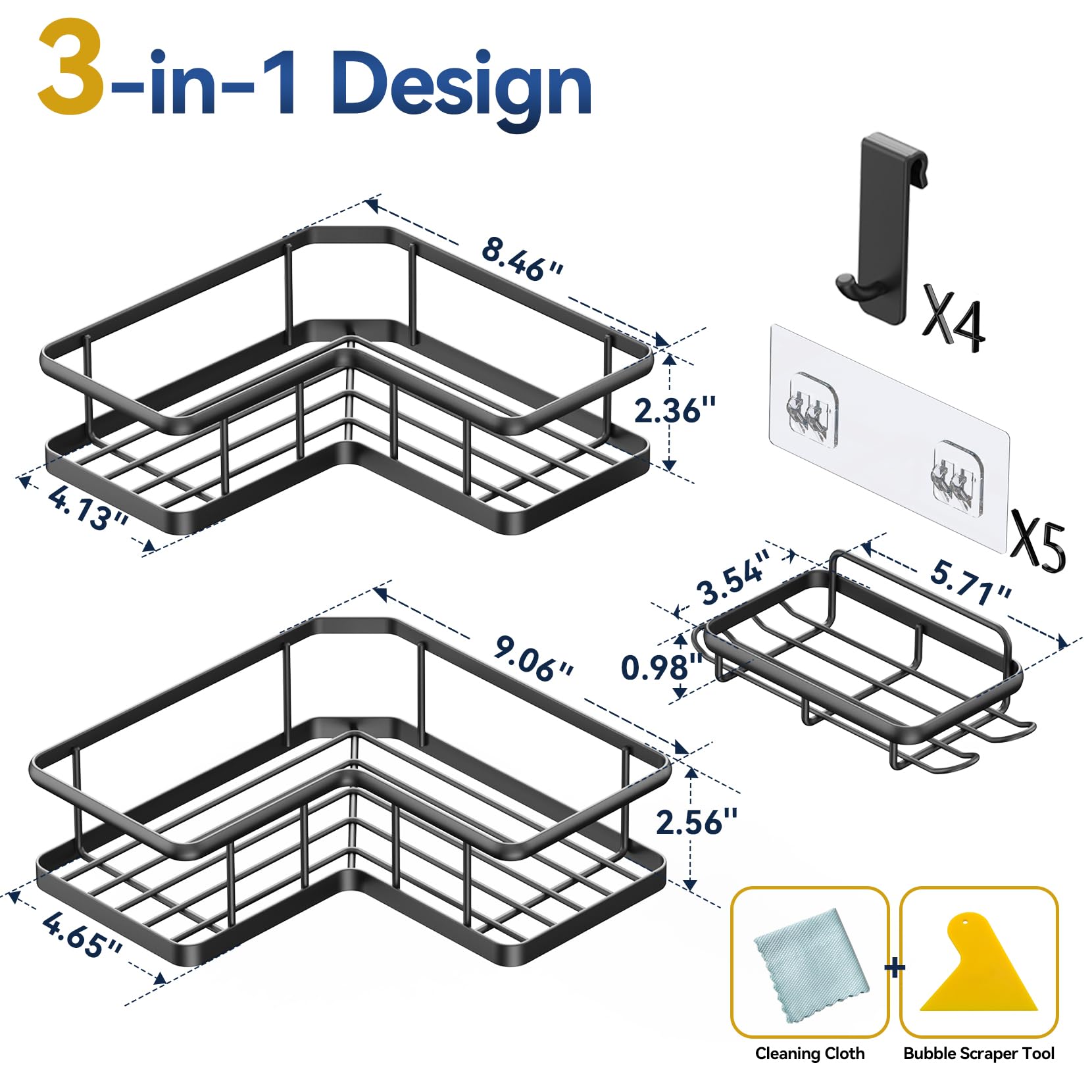 YASONIC 2024 New Corner Shower Caddy, 3-Pack Shower Organizer Corner with Soap Holder and 4 Removable Hooks, Rustproof Corner Shower Shelves, No Drilling Shower Shelf for Inside Shower, Black