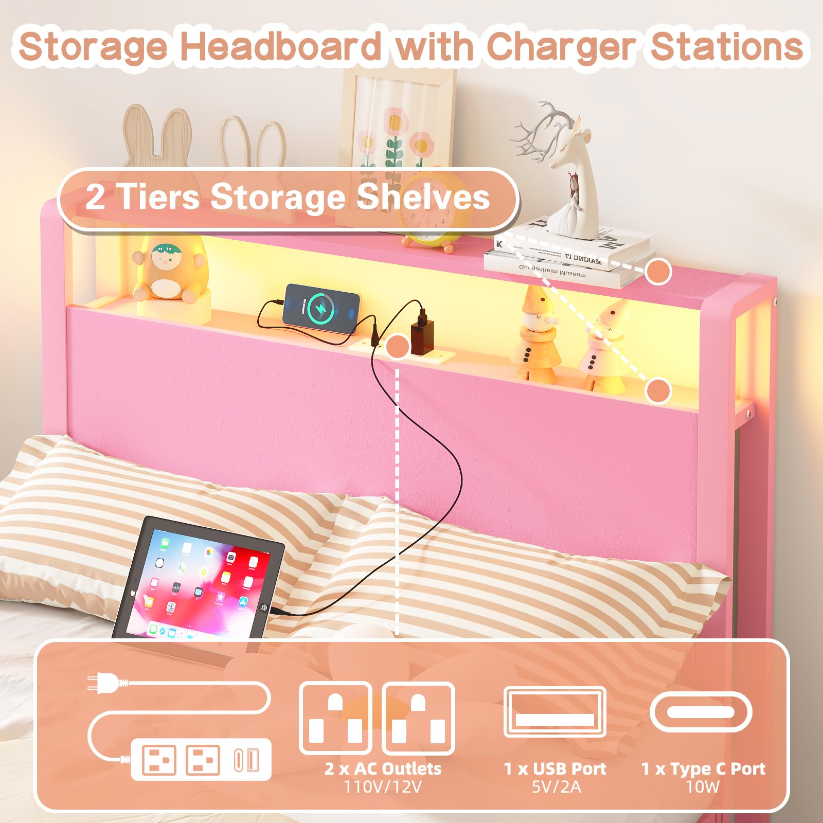 Weehom Twin Bed Frames with 2 Tiers Wood Storage Shelves Headboard, Twin Size Bed with Charger Stations and LED Light Under Bed Storage Space Platform Bed for Kids, Girls and Adults, Pink