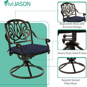 VIVIJASON 9-Piece Outdoor Dining Set, Cast Aluminum Patio Furniture Table & Chairs Set, Include 94.5" Rectangular Table, 2 Swivel Rocker Chairs, 6 Stationary Chairs, Umbrella Hole, Navy Blue Cushion