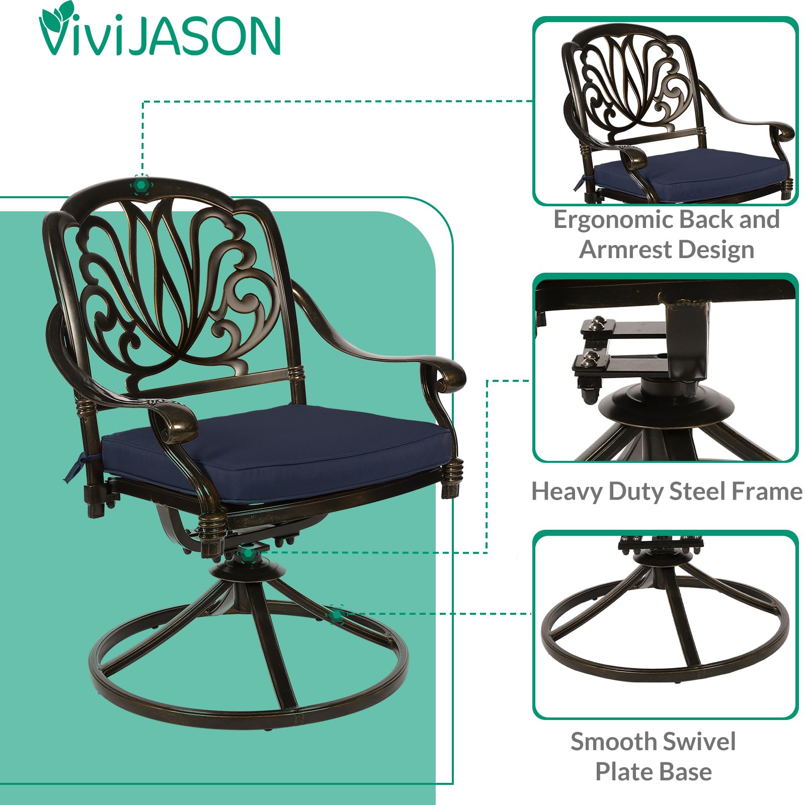 VIVIJASON 9-Piece Outdoor Dining Set, Cast Aluminum Patio Furniture Table & Chairs Set, Include 94.5" Rectangular Table, 2 Swivel Rocker Chairs, 6 Stationary Chairs, Umbrella Hole, Navy Blue Cushion