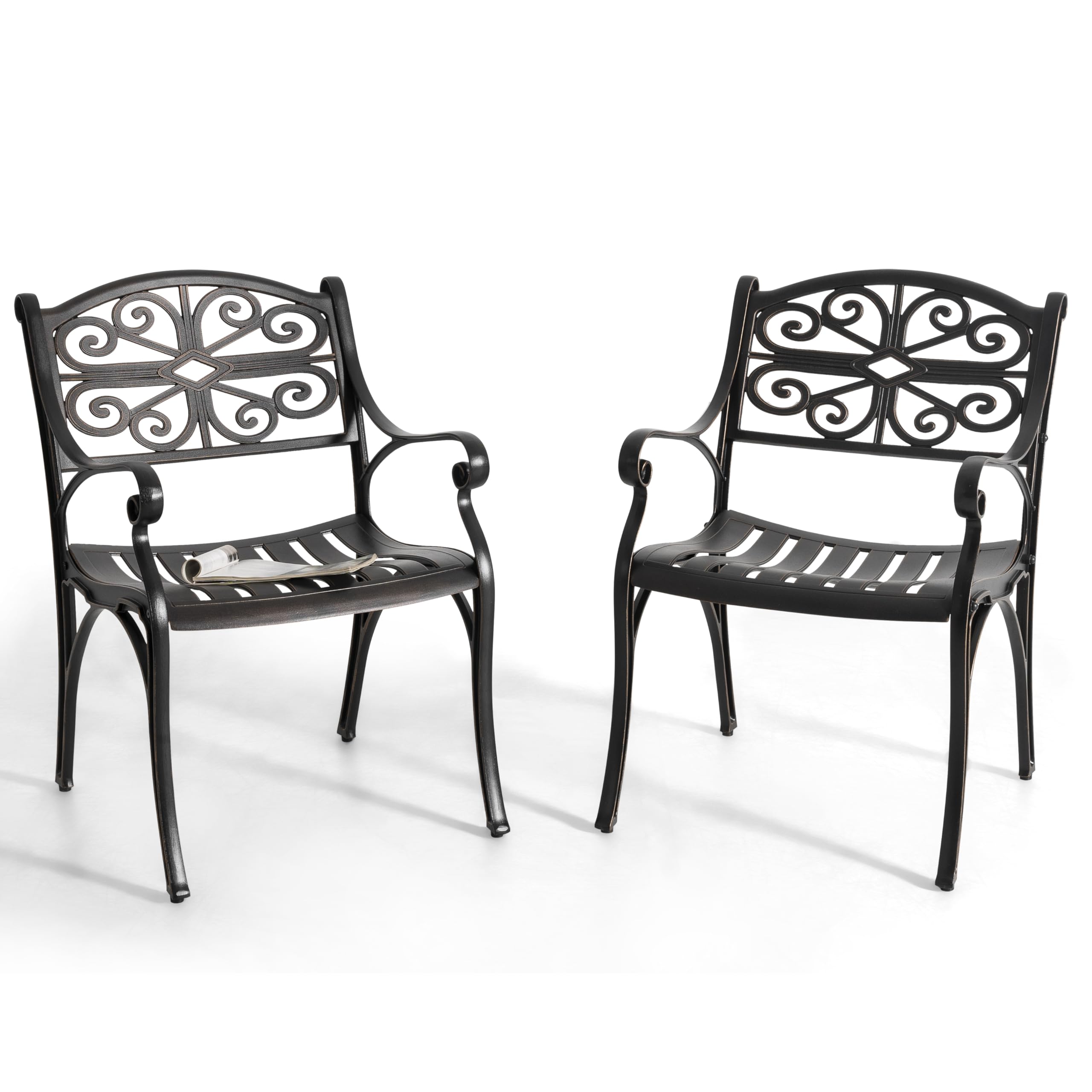 NUU GARDEN Set of 2 Cast Aluminum Patio Dining Chairs with Armrests,All-Weather Patio Dining Chair with Adjustable Feet Outdoor Bistro Chairs for Balcony, Backyard, Garden, Hammered Bronze