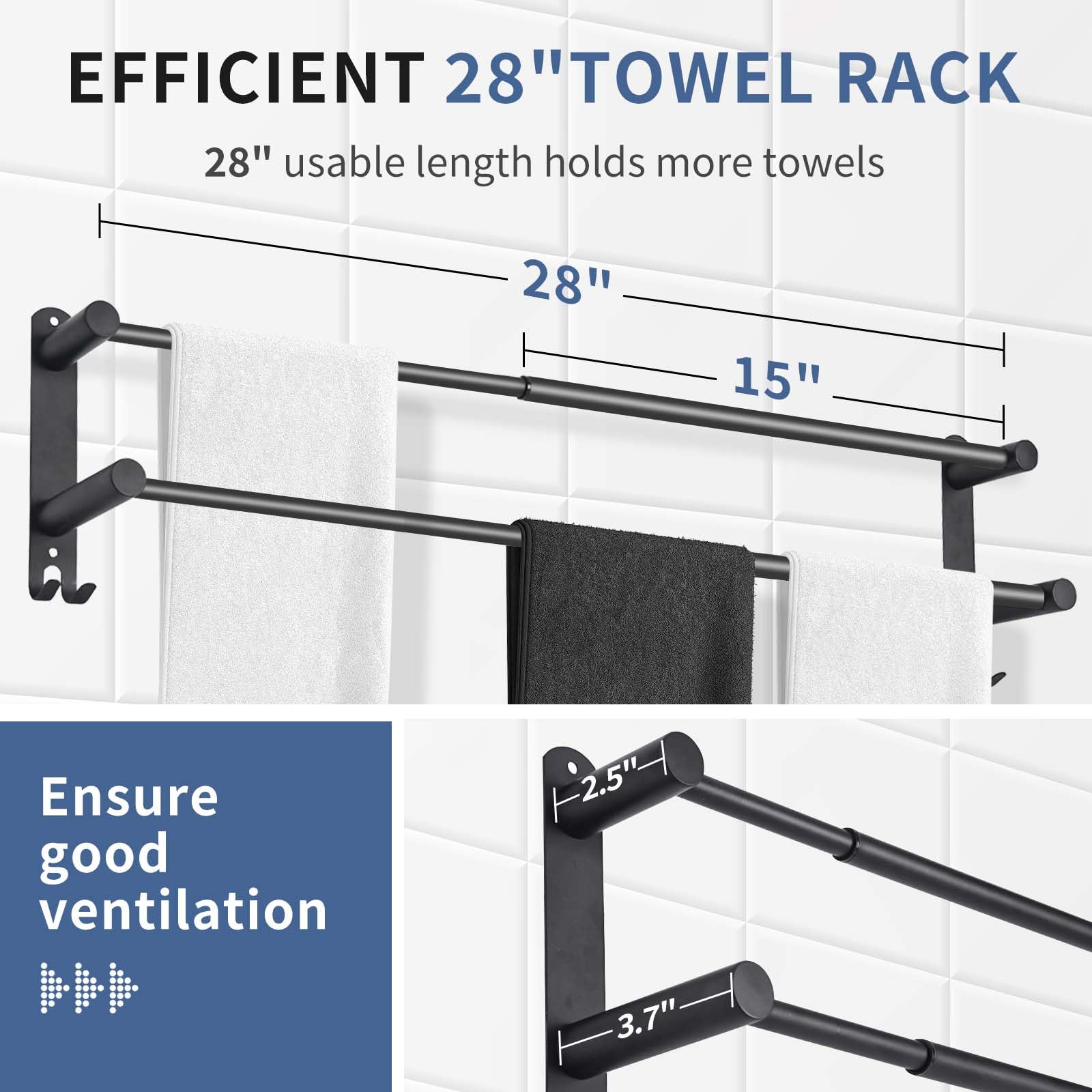 KAHCNVN Black Towel Rack, 24inches Adjustable Towel Racks for Bathroom, Screw Mounting Black Hand Towel Holder, Tape Hook Black Bathroom Towel Holder, Black Hand Towel Holder for Bathroom