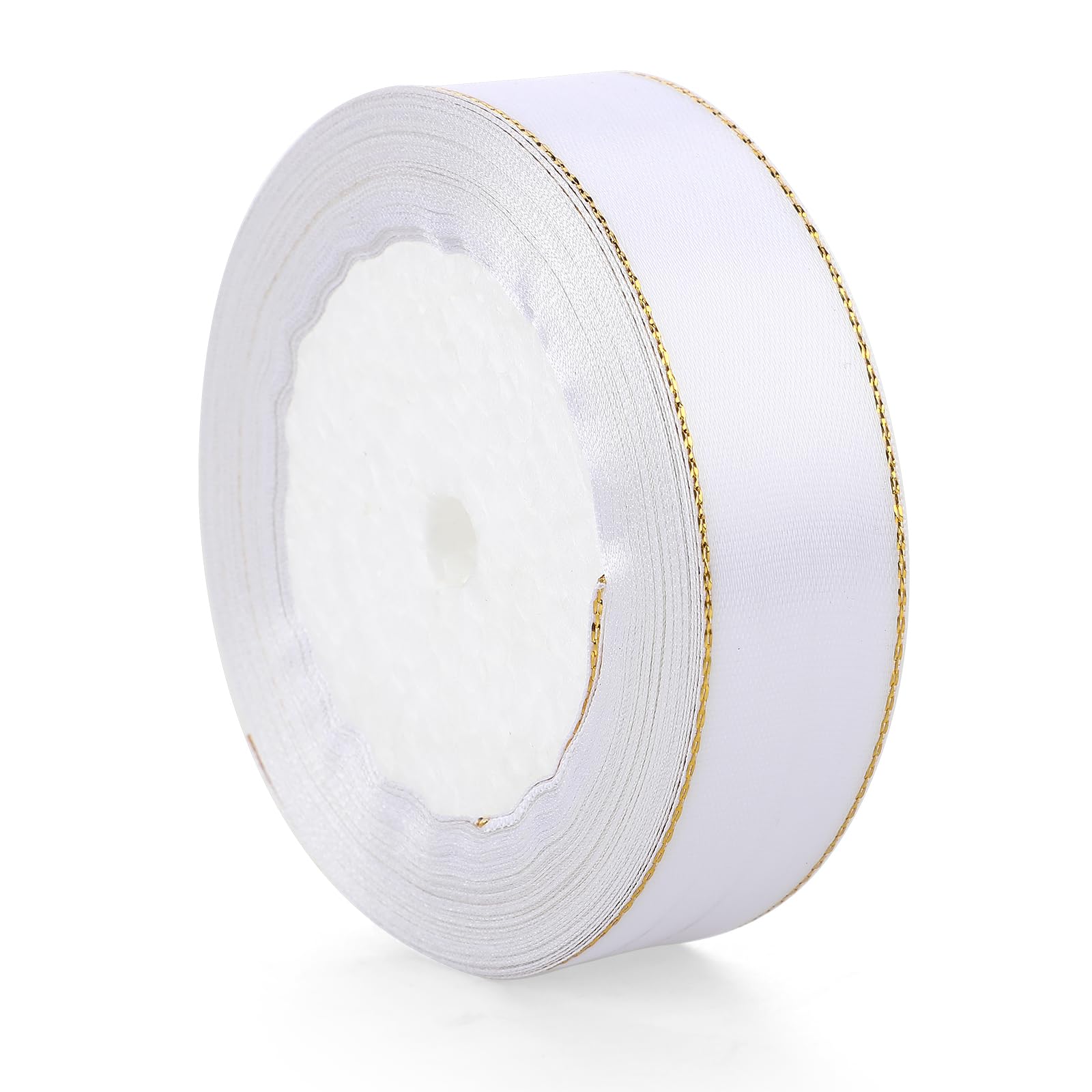 White Satin Ribbon Double Faced Fabric Ribbon with Gold Edges 1 Inch×25 Yards Gold Border Ribbon for Gift Wrapping Crafts Flower Bouquet Hair Bows Making Wedding Party Decoration