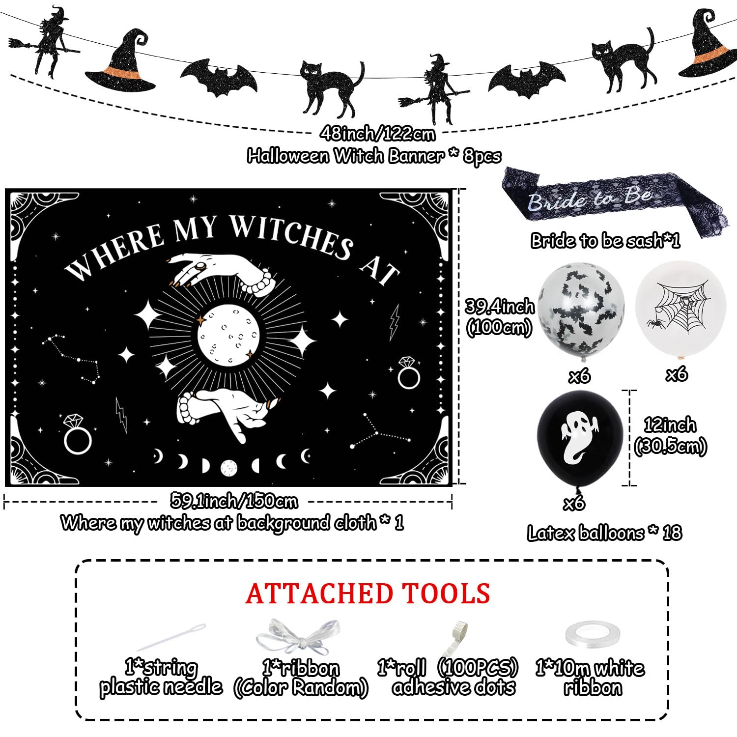 Halloween Where My Witches at Bachelorette Party Decorations Black White Witche Backdrop Banner Garland Bride to Be Sash for Halloween Bachelorette Party Decor Supplies