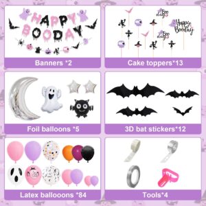 Amandir 120Pcs Pink Purple Halloween Birthday Party Decorations, Happy Boo Day Glitter Banner Ghost Bat Foil Balloons Garland Arch kit Cake Topper for Girl Kids Halloween Baby Shower Supplies