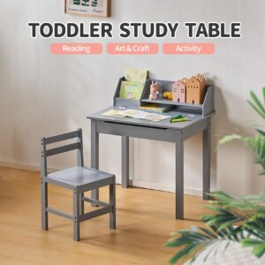 UNICOO Bamboo Toddler Desk and Chair Set, Lift-Top Desk & Chair Set for 3-8 Years Old Toddlers, Children Writing Desk with Storage and Hutch for Home School Use (C007 - Grey)