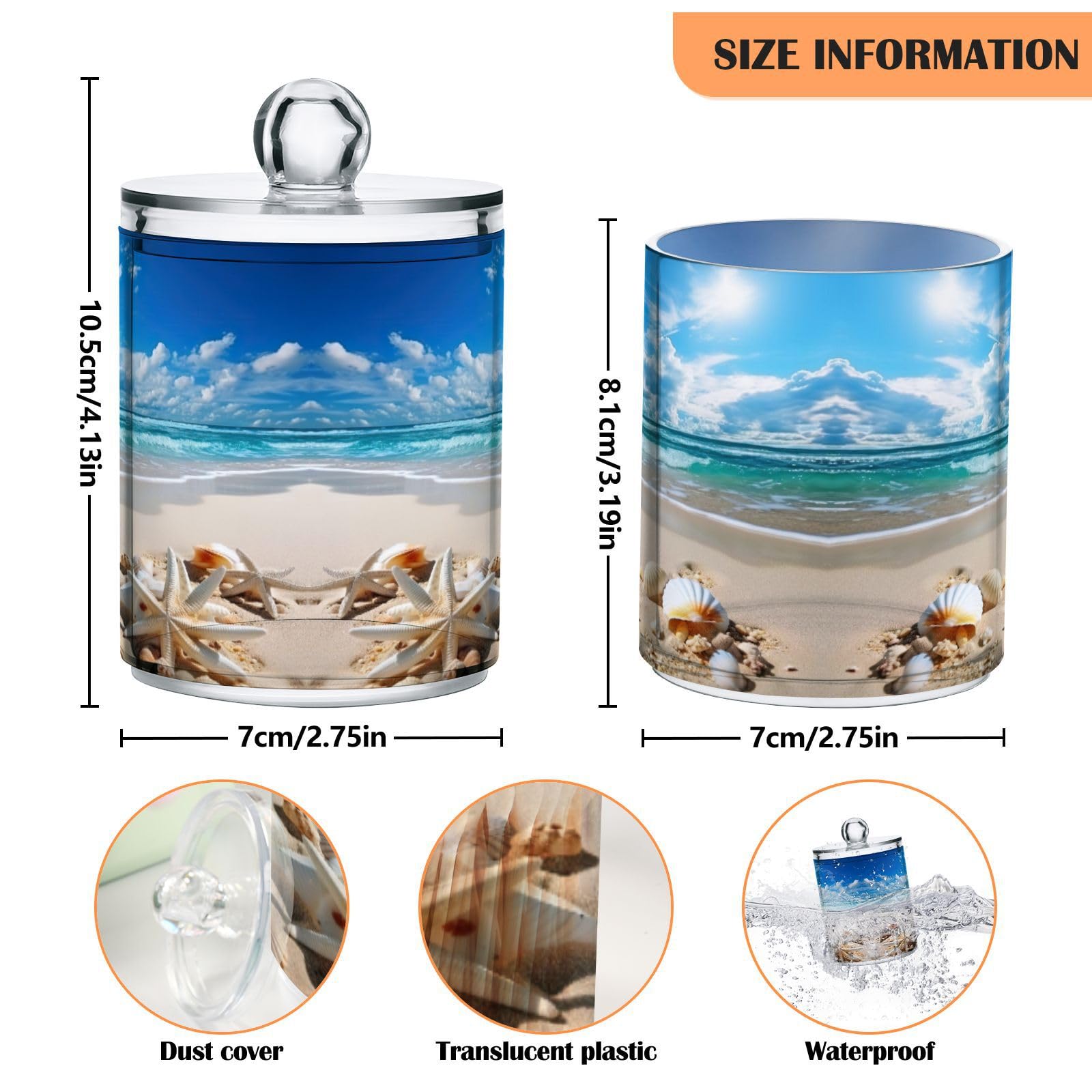 GOODOLD Beautiful Beach Scene Qtip Holder 2 Pack - 10 Oz Clear Plastic Apothecary Jar Set for Bathroom Organization - Versatile Canister Storage for Cotton Balls, Swabs, Rounds