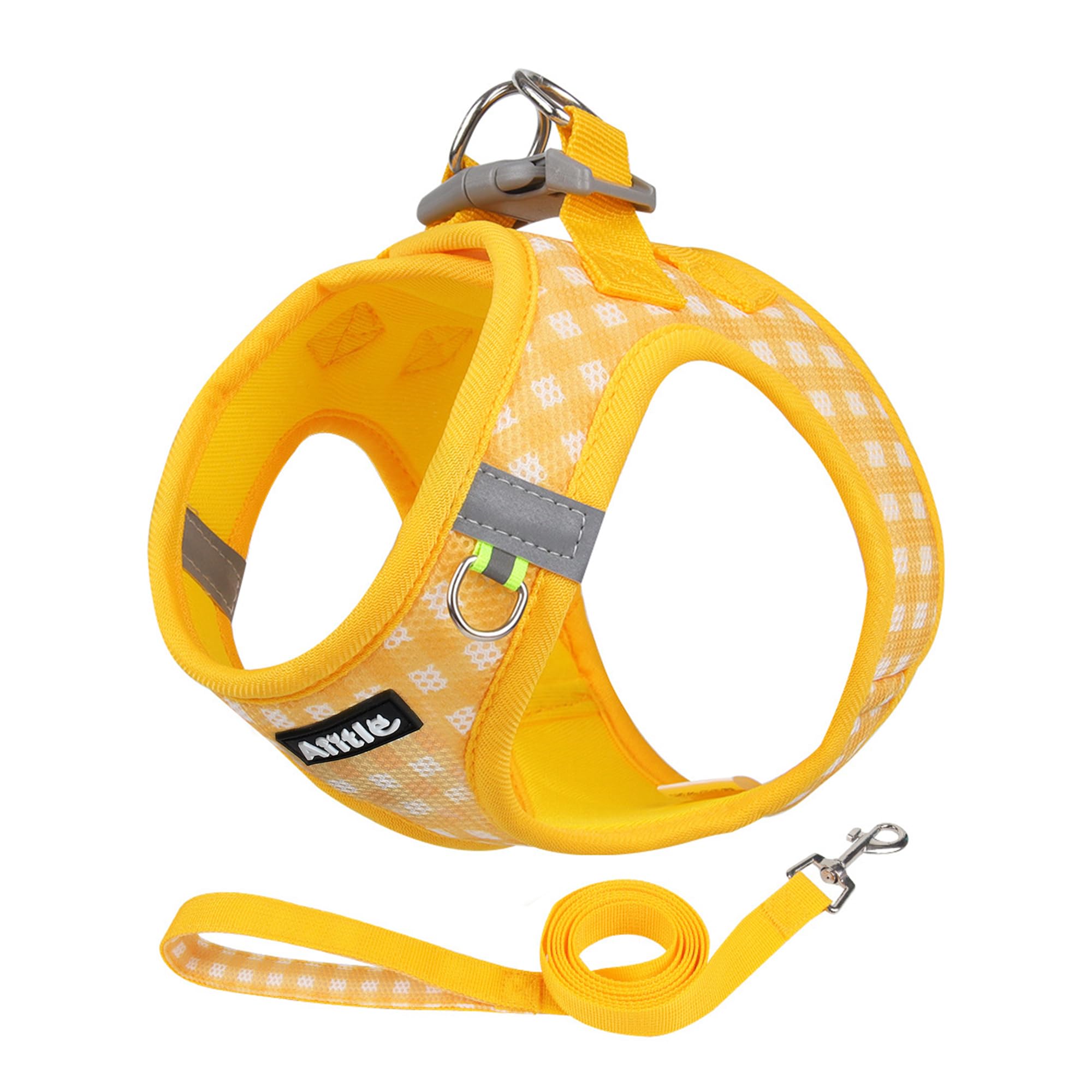 AIITLE No Pull Dog Harness and Leash Set, Step in No Chock Soft Mesh Dog Harnesses Reflective for Extra-Small Puppy Dogs and Cats, Plaid Dog Vest Harness for Pets Yellow XXS