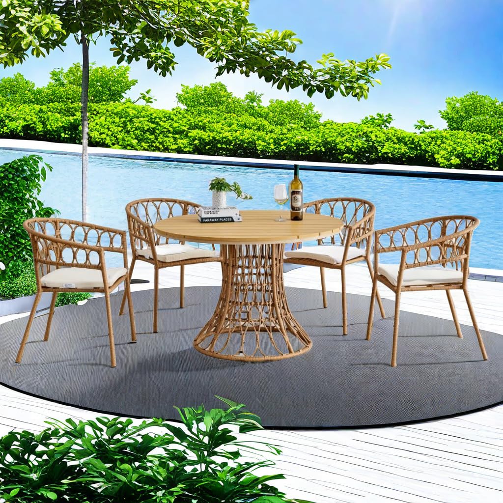 ME2 5-Piece Outdoor Patio Furniture Dining Set, All-Weather Simple Bamboo Conversation Set with Soft Cushions andDining Table for Backyard Deck for Patios, Backyard, Balcony, Garden, Lawn