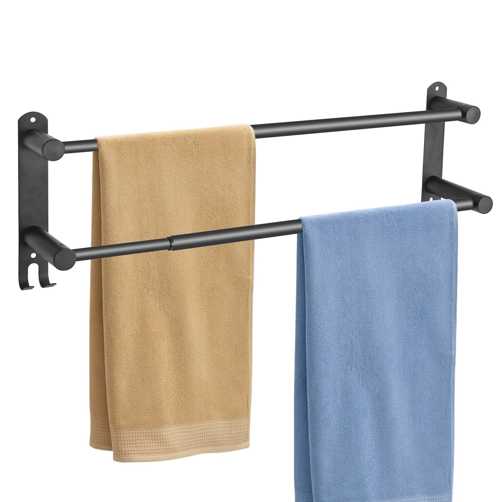 KAHCNVN Black Towel Rack, 24inches Adjustable Towel Racks for Bathroom, Screw Mounting Black Hand Towel Holder, Tape Hook Black Bathroom Towel Holder, Black Hand Towel Holder for Bathroom