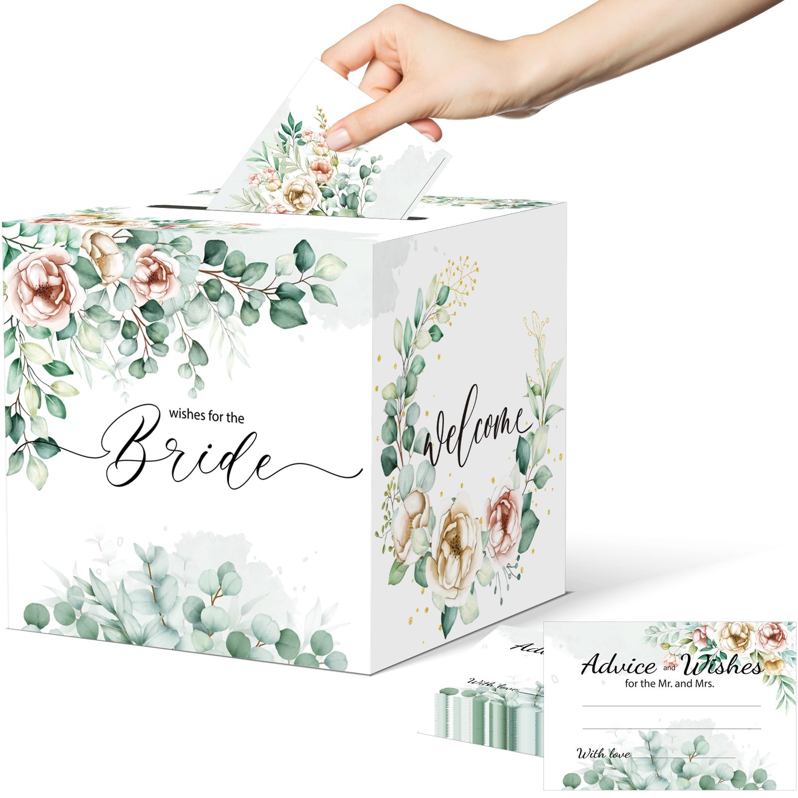 51 Pcs Bridal Shower Game Card Box, Wedding Raffle Card Box, Wedding Shower Advice and Wishes Cards and Box Set, Greenery Card Holder Box for Wedding Decorations Bridal Shower Activity Wedding Games