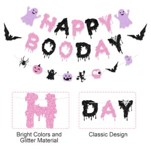 Amandir 120Pcs Pink Purple Halloween Birthday Party Decorations, Happy Boo Day Glitter Banner Ghost Bat Foil Balloons Garland Arch kit Cake Topper for Girl Kids Halloween Baby Shower Supplies