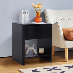 affeivul Modern Night Stand Set 2 with Drawer, Black Nightstand for Bedroom, Small End Table with Storage, Living Room/Bed Side Table with Drawer for Small Spaces, Fluted Cabinet Wood Nightstand