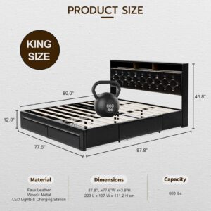 IKIFLY King Size Bed Frame with 4 Storage Drawers & Charging Station, Upholstered Platform Bed with Hidden Storage Headboard and LED Lights, Solid Wood Slats, No Box Spring Needed, Noise Free, Black