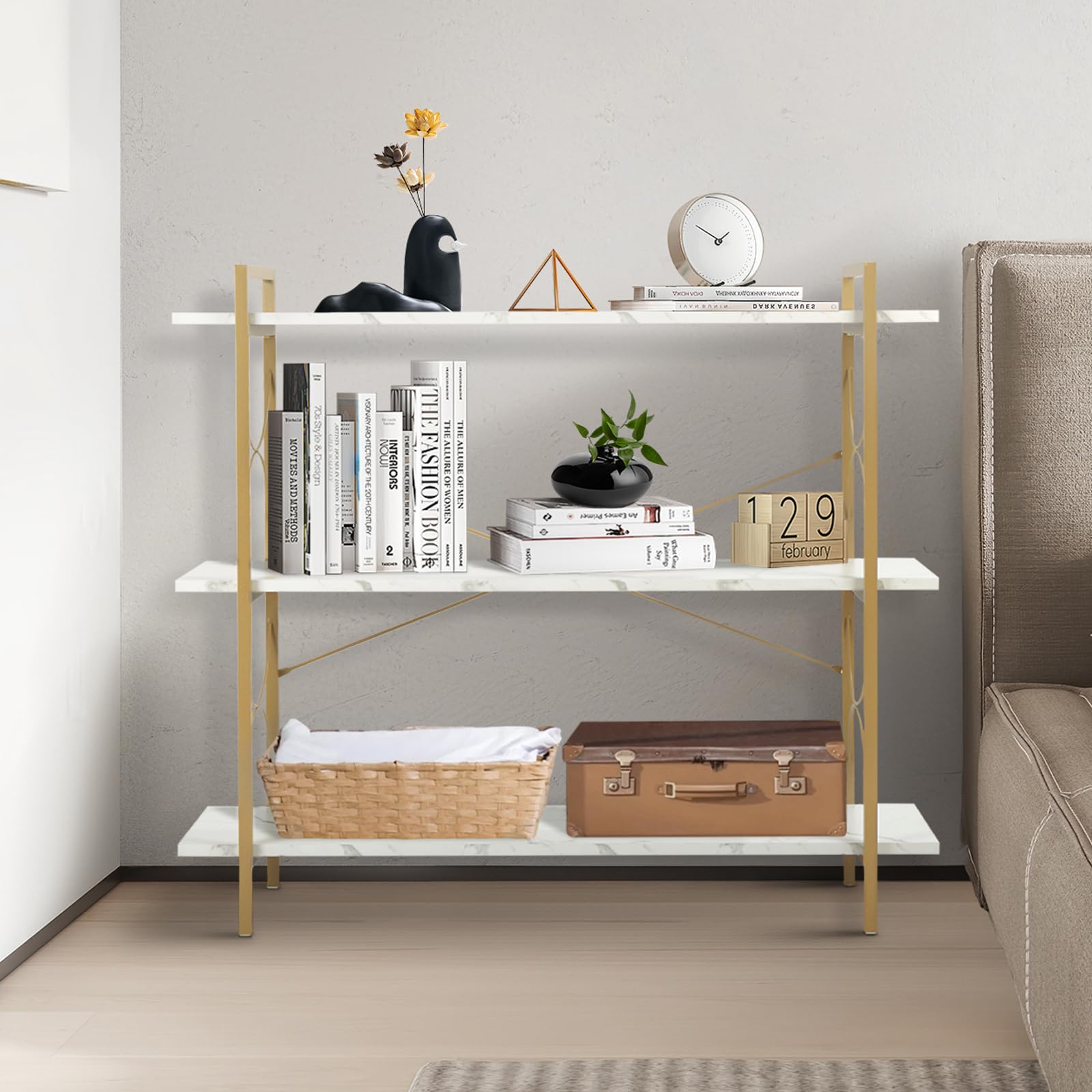 fusehome 3 Tier Bookshelf, Modern Open Low 3 Shelf Bookcase,Small Book Shelves for Bedroom, Wood and Metal Display Shelves Storage Bookshelves,for Home Office,Living Room, Kitchen,White&Gold