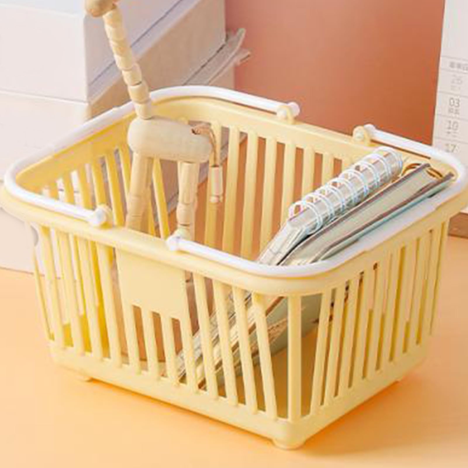 SIXRUN Mini Storage Basket Multifunctional Compact Plastic Organizer Basket with Handle for Desk Mini Storage Basket (Yellow)