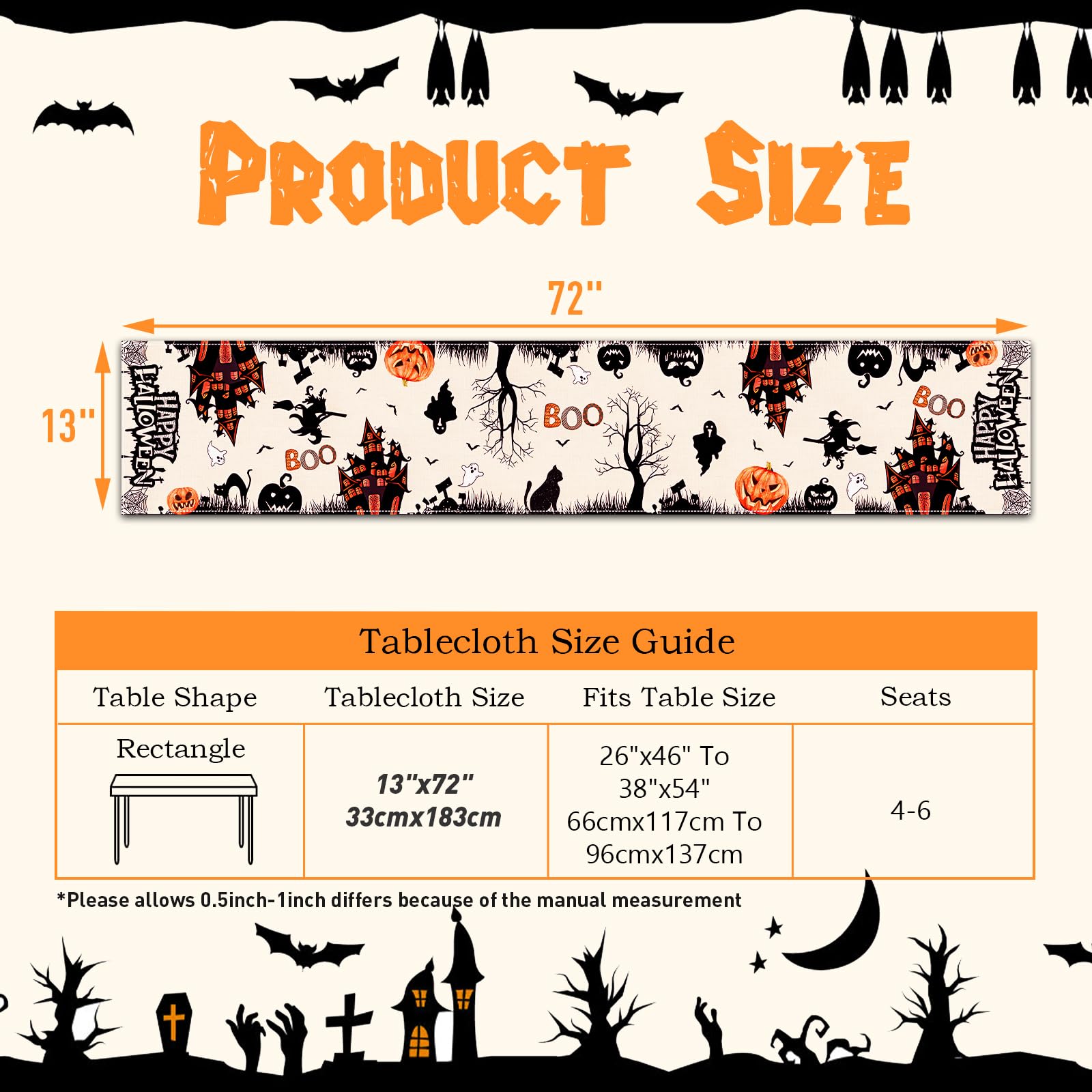 Netnology Black White Spooky Halloween Table Runner with Pumpkin Ghost Witch Black Cat Bat Spider Web, Fall Halloween Party Decoration Holiday Indoor Home Kitchen Table Decor 13 x 72 Inch