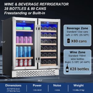 GarveeHome Wine and Beverage Refrigerator - 28 Bottles and 80 Cans, Dual Zone, Glass Door, Adjustable Shelves, with Lock, Digital Temperature Control, Freestanding/Built-in