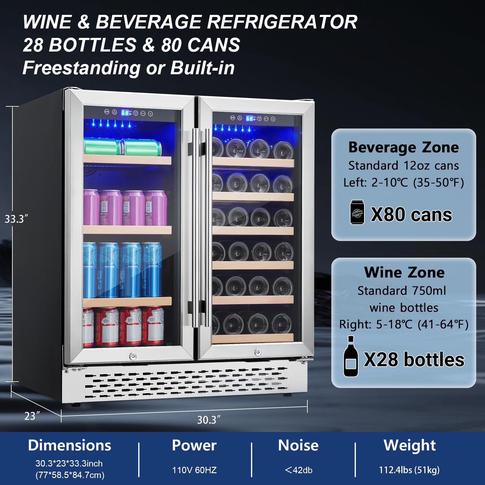 GarveeHome Wine and Beverage Refrigerator - 28 Bottles and 80 Cans, Dual Zone, Glass Door, Adjustable Shelves, with Lock, Digital Temperature Control, Freestanding/Built-in