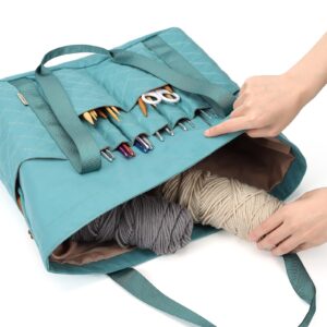 HOMEST Tote Crochet Bag, Yarn Storage Organizer, Knitting Bag with Custom Front Pockets for Crochet Hooks, Knitting Needles and Crochet Accessories, Turquoise