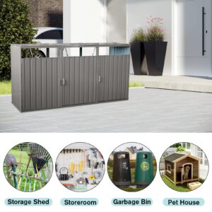 YOPTO Garbage Bin Storage Shed for 3 Trash Cans,Outdoor Trash Can Storage for Patio,Stainless Galvanized Steel Bin Shed,Rust-Proof & Scratch-Resistant Trash Can Hider,for Garden,Yard,Lawn,Grey