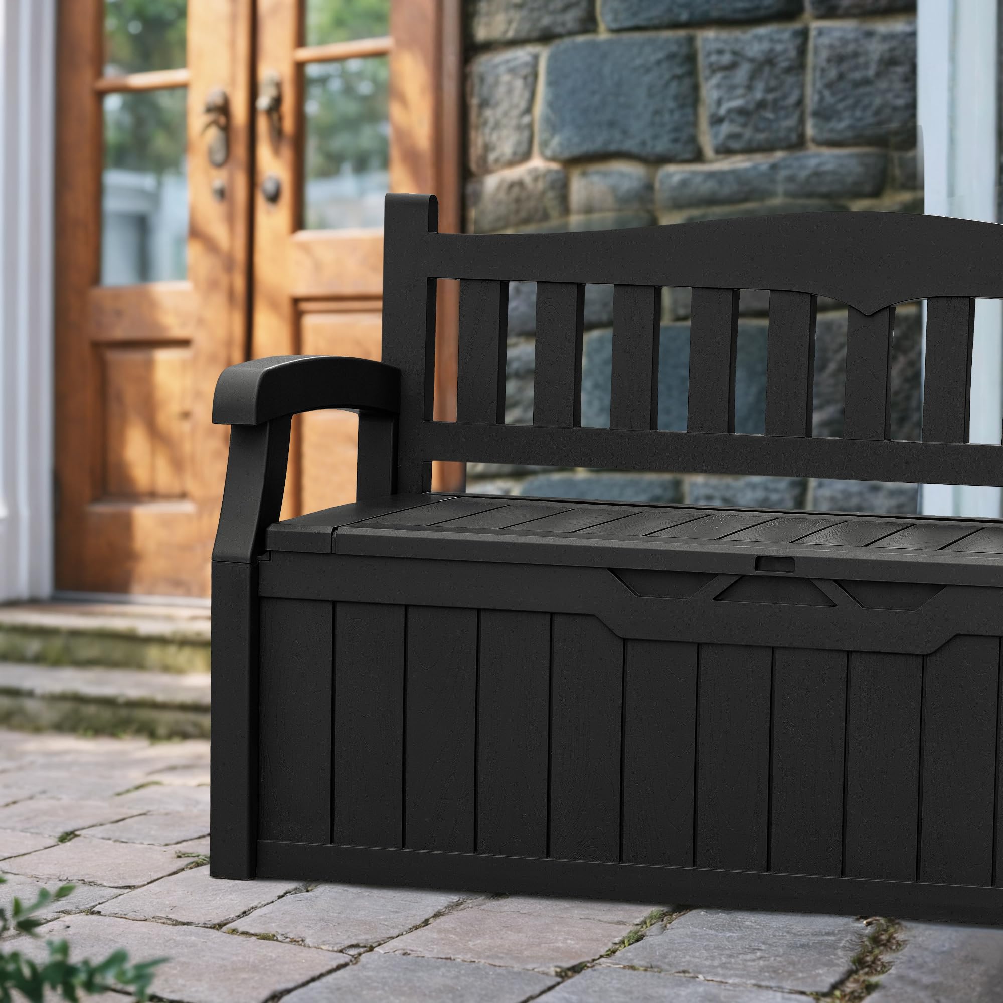 Devoko 80 Gallon Storage Bench Deck Box Lockable for Patio Furniture, Garden Decor and Outdoor Seating for Cushions, Garden Tools and Pool Supplies. (Black)