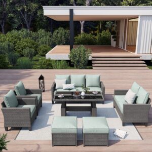 sunsitt patio furniture set 7-pcs outdoor furniture conversation sets with lift dining table wicker patio furniture outdoor couch grey rattan light cyan cushion for garden, backyard, lawn