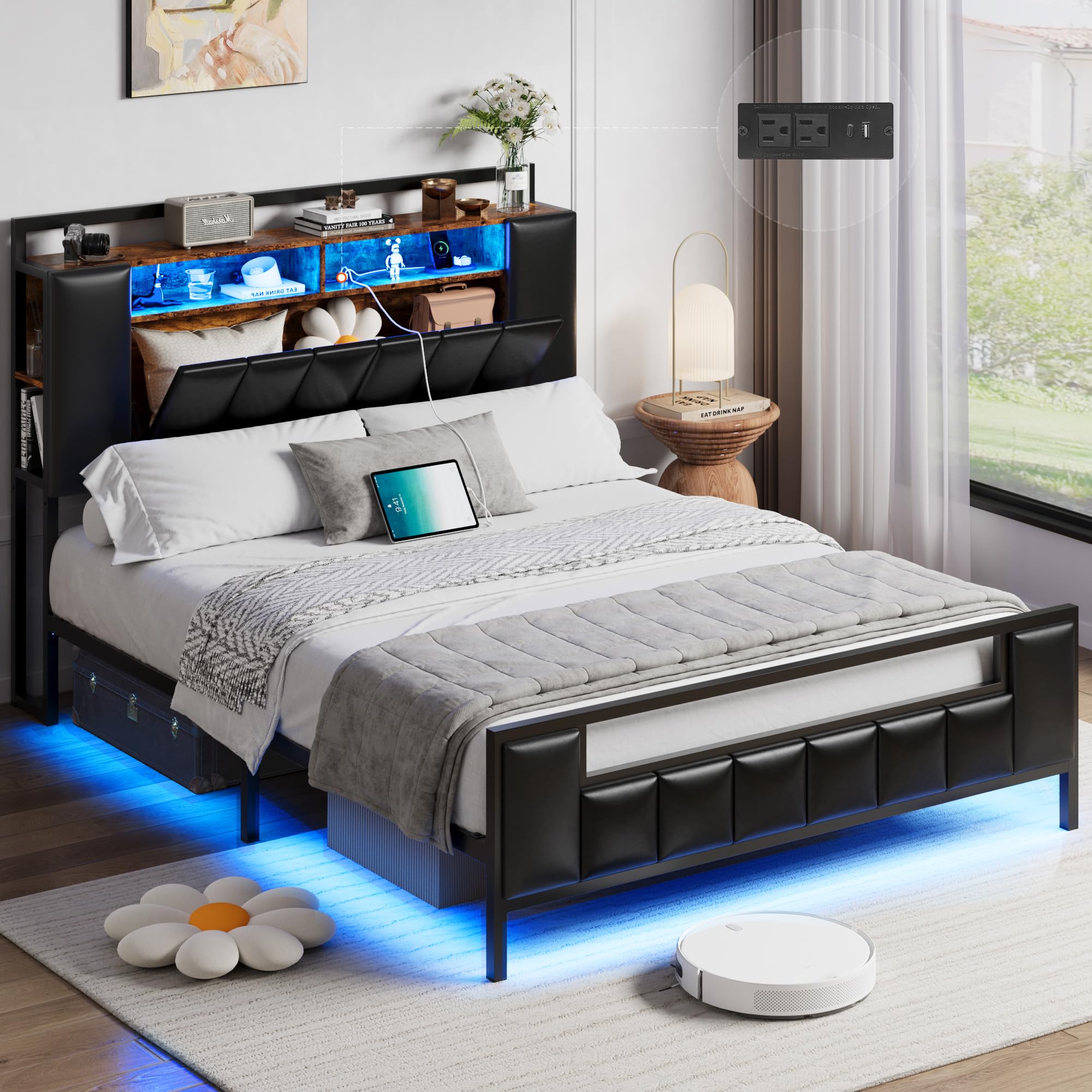 Alohappy Queen Bed Frame with Storage Headboard & Charging Station, PU Leather Platform Bed Frame Queen Size with LED Lights and Hidden Storage, Heavy Duty Metal Slats, No Box Spring Needed, Black