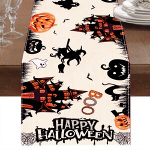 netnology black white spooky halloween table runner with pumpkin ghost witch black cat bat spider web, fall halloween party decoration holiday indoor home kitchen table decor 13 x 72 inch