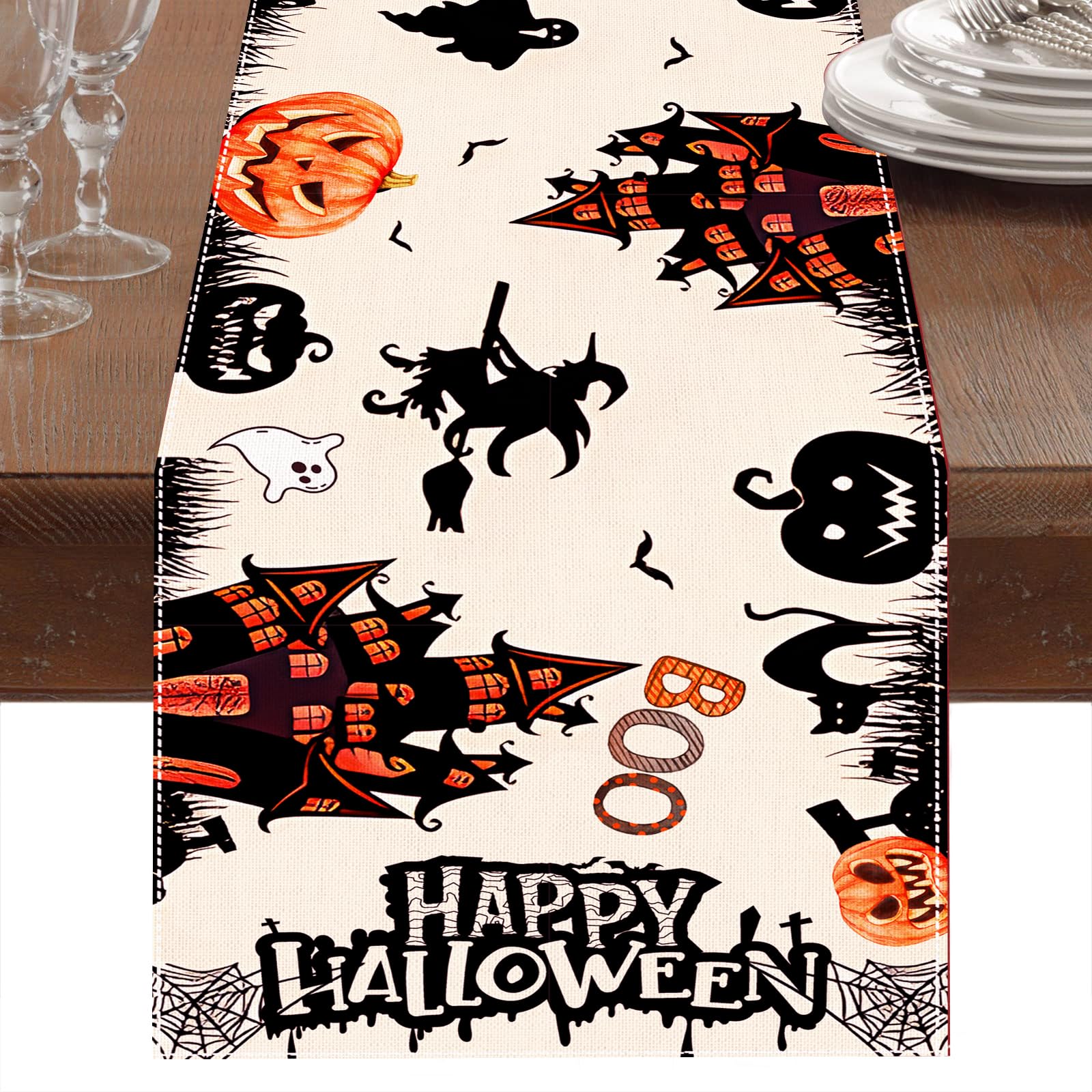 Netnology Black White Spooky Halloween Table Runner with Pumpkin Ghost Witch Black Cat Bat Spider Web, Fall Halloween Party Decoration Holiday Indoor Home Kitchen Table Decor 13 x 72 Inch