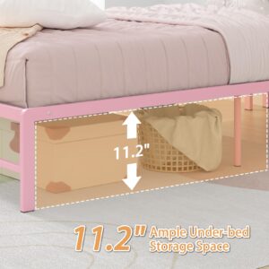 Weehom Twin Bed Frames with 2 Tiers Wood Storage Shelves Headboard, Twin Size Bed with Charger Stations and LED Light Under Bed Storage Space Platform Bed for Kids, Girls and Adults, Pink