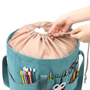 HOMEST Tote Crochet Bag, Yarn Storage Organizer, Knitting Bag with Custom Front Pockets for Crochet Hooks, Knitting Needles and Crochet Accessories, Turquoise