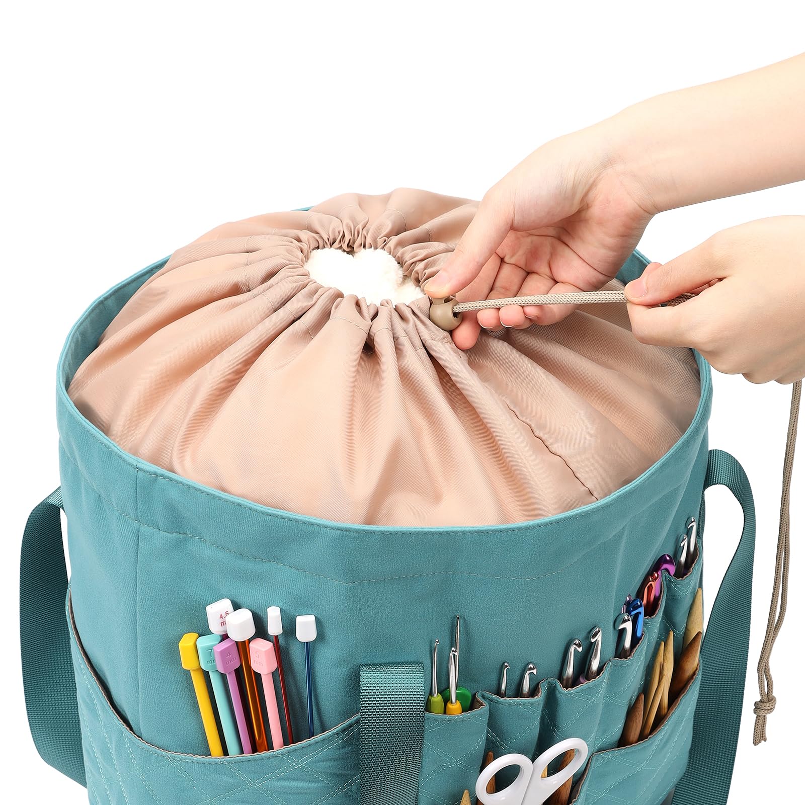 HOMEST Tote Crochet Bag, Yarn Storage Organizer, Knitting Bag with Custom Front Pockets for Crochet Hooks, Knitting Needles and Crochet Accessories, Turquoise