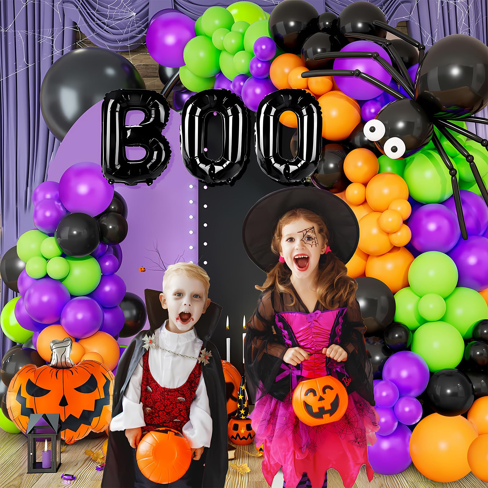 149Pcs Halloween Balloons Garland Kit, Party Decorations Orange Black Purple Green Arch Set with Foil Pumpkin, BOO, Bonus Ghost and Spider Balloon Brithday Halloween Theme Decorations Supplies