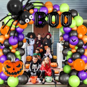 149Pcs Halloween Balloons Garland Kit, Party Decorations Orange Black Purple Green Arch Set with Foil Pumpkin, BOO, Bonus Ghost and Spider Balloon Brithday Halloween Theme Decorations Supplies